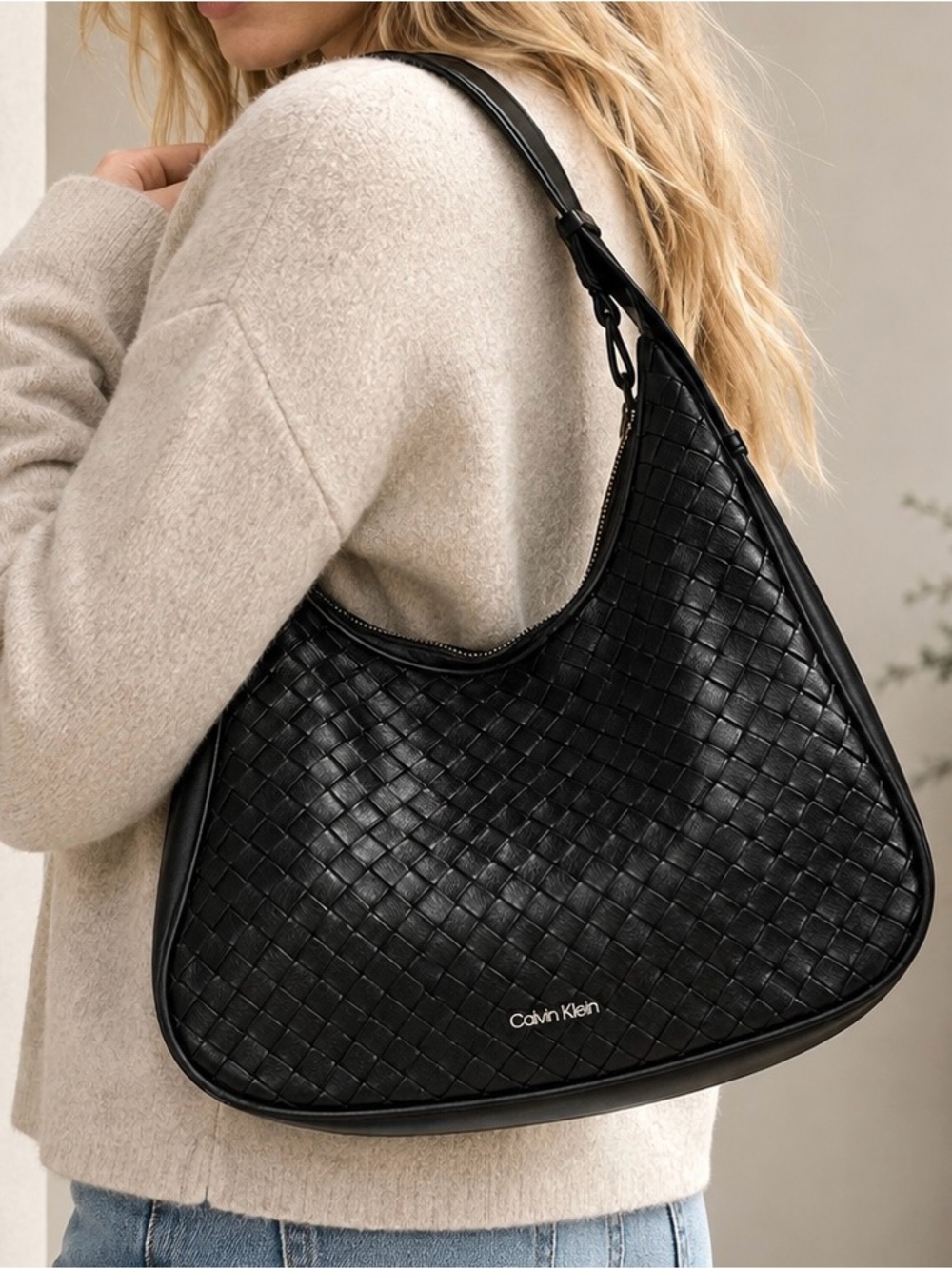 Calvin Klein Black Woven Shoulder Hobo Bag